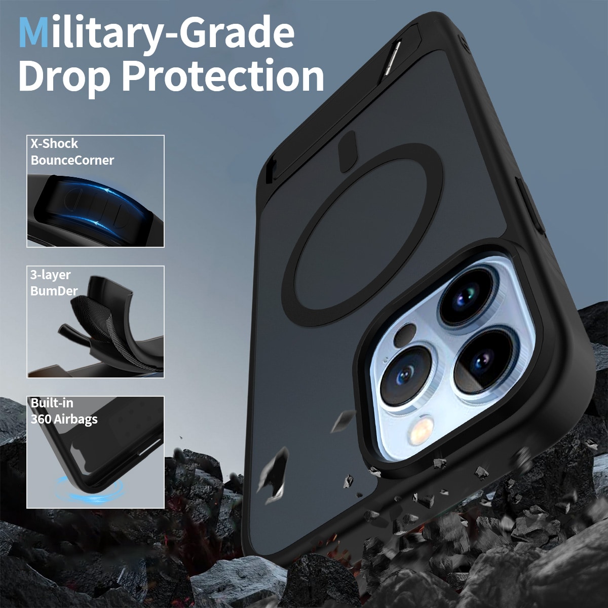 iPhone 13 Pro Max Magnetisk hybriddeksel med innebygd stativ, Svart