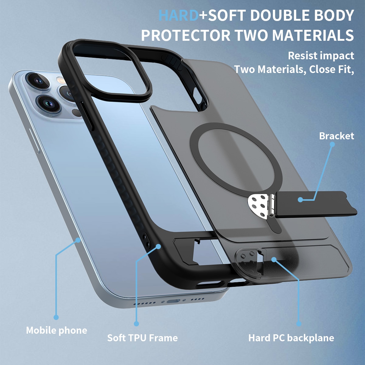 iPhone 13 Pro Max Magnetisk hybriddeksel med innebygd stativ, Svart