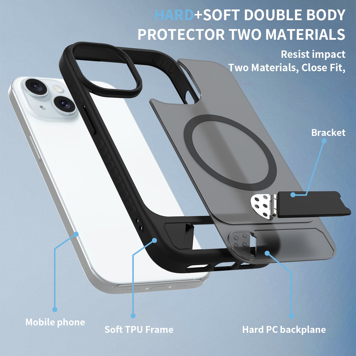 iPhone 14 Magnetisk hybriddeksel med innebygd stativ, Svart