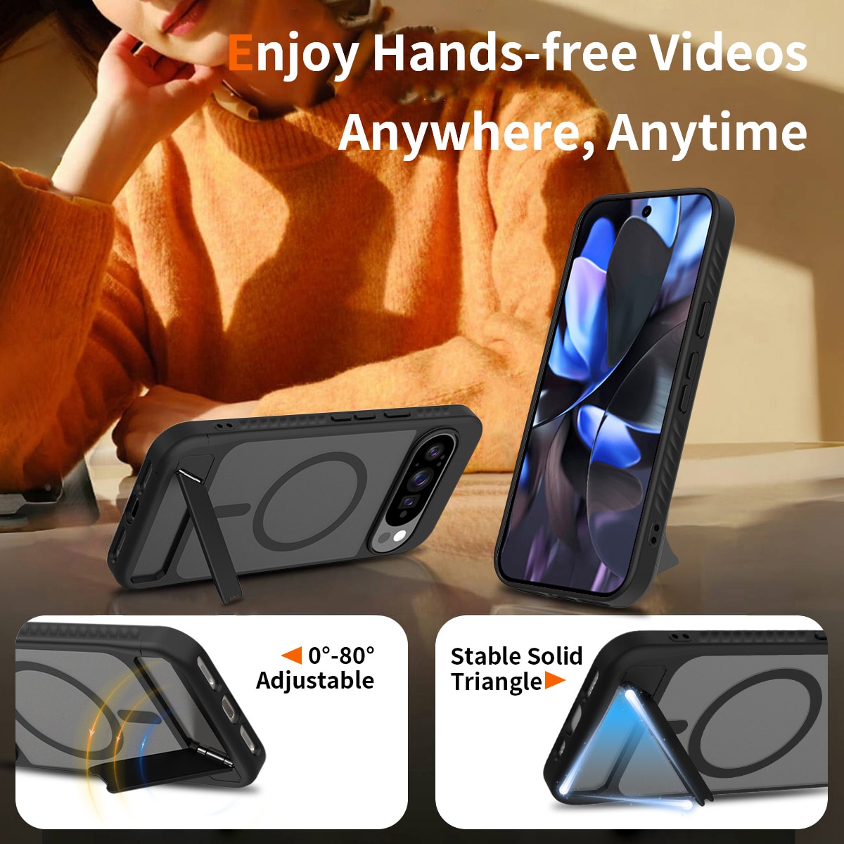Google Pixel 9 Pro XL Magnetisk hybriddeksel med innebygd stativ, Svart