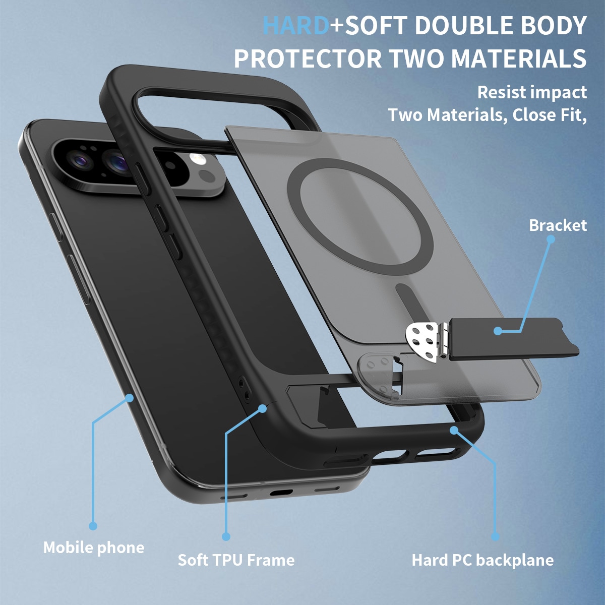 Google Pixel 9 Pro XL Magnetisk hybriddeksel med innebygd stativ, Svart