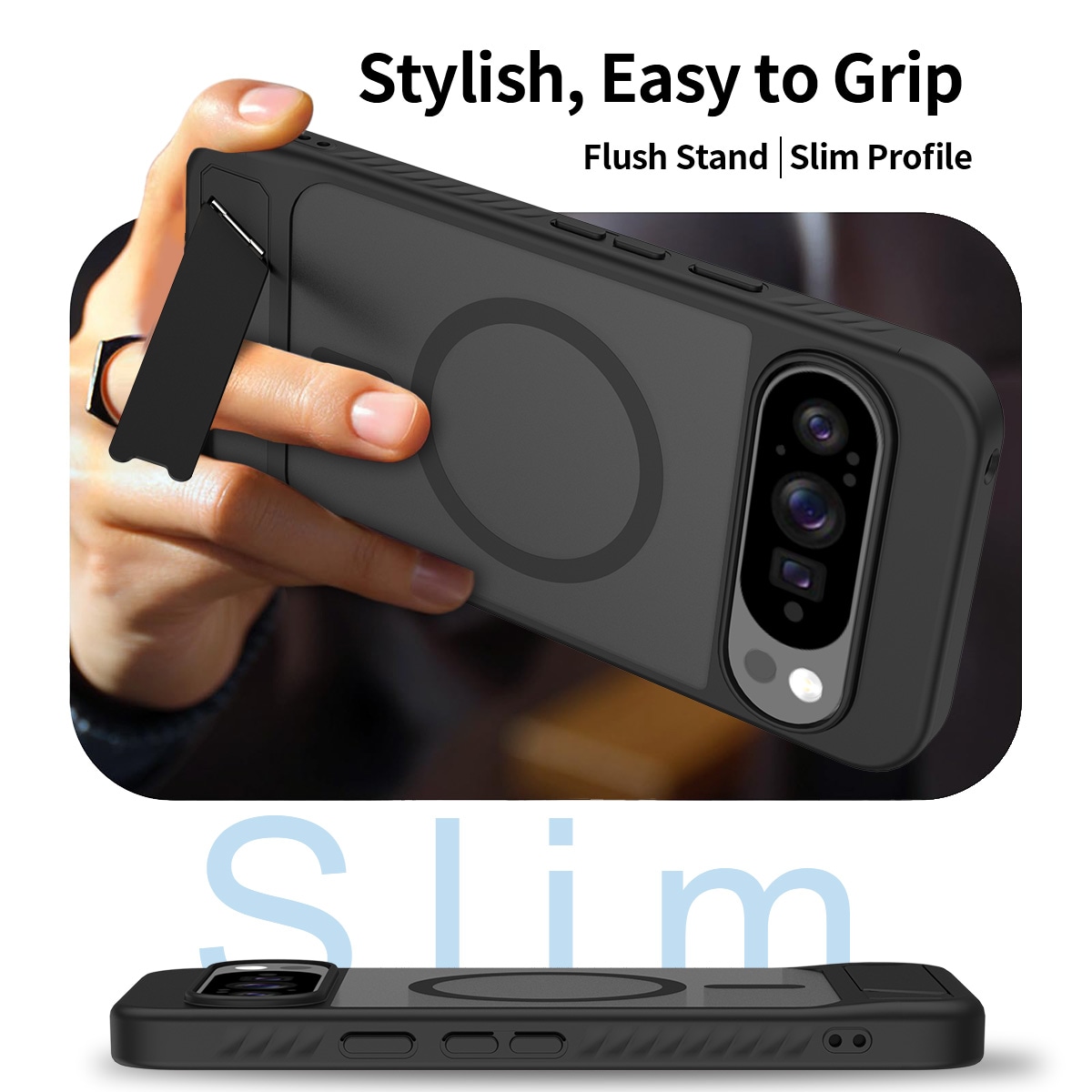 Google Pixel 9 Pro XL Magnetisk hybriddeksel med innebygd stativ, Svart