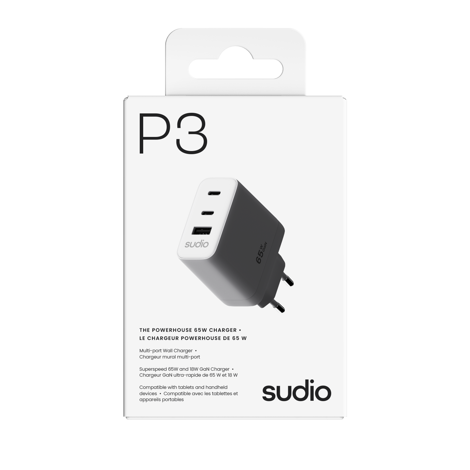 P3 2 x USB-C + USB-A Vegglader 65W, Hvit