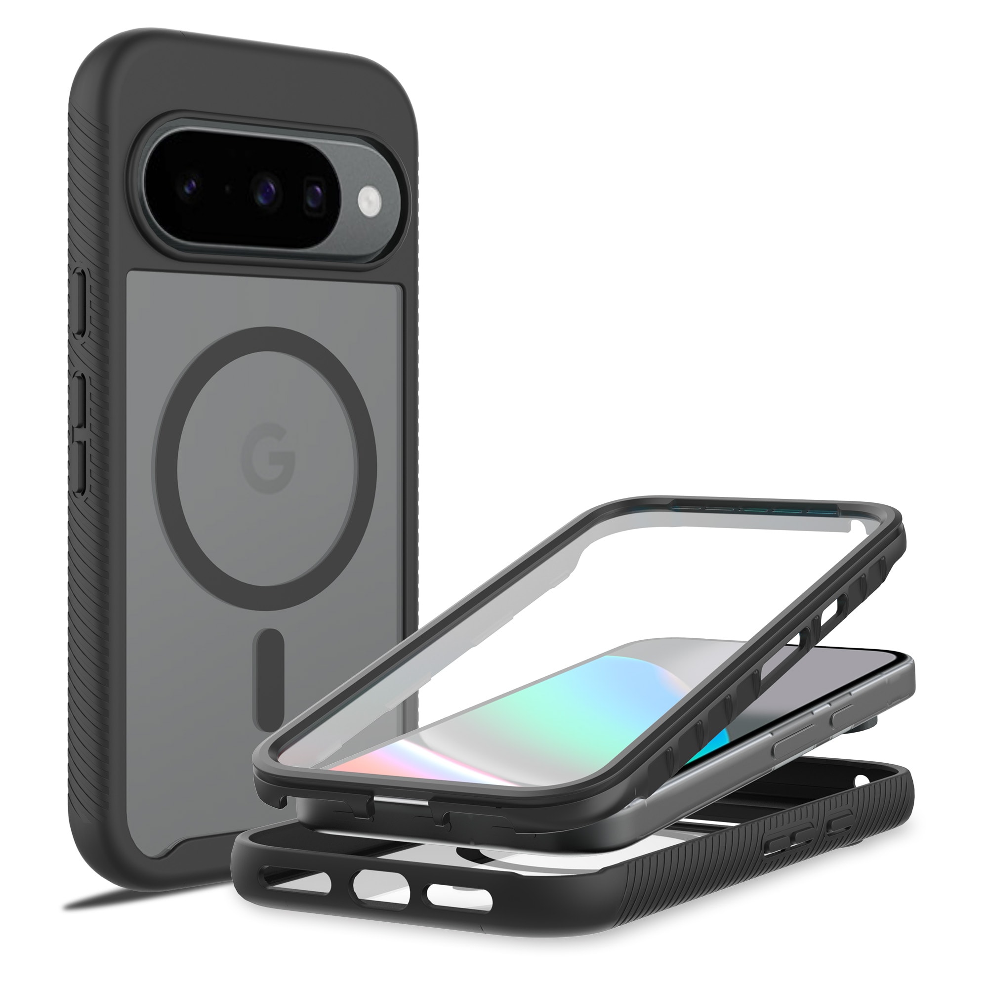 Google Pixel 9 Pro XL Deksel Magnetisk Full Protection, Svart/gjennomsiktig