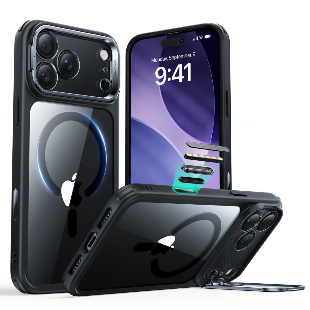 iPhone 17 Pro Max Classic Hybriddeksel MagSafe med kickstand, Svart/gjennomsiktig