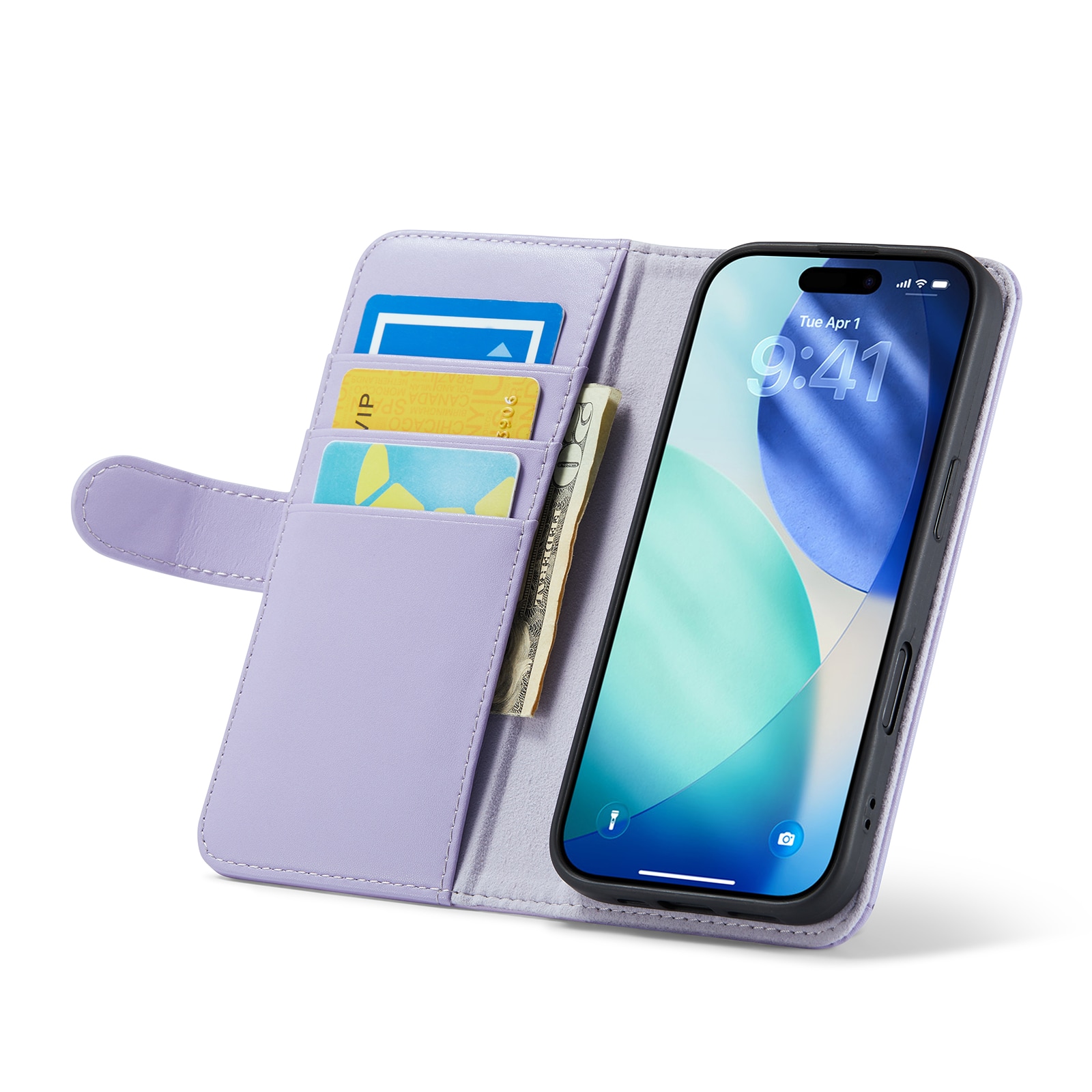 iPhone 17 Lommeboketui i ekte skinn, Lilla