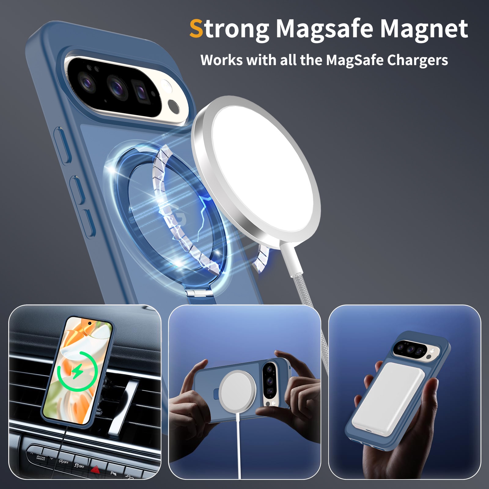 Google Pixel 9 Magnetic hybriddeksel med stativfunksjon, Mørke blå