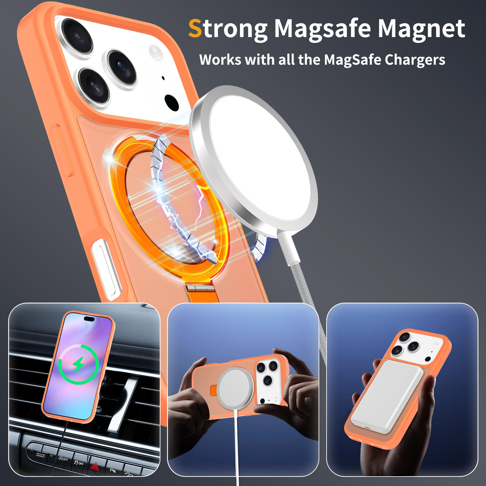 iPhone 17 Pro Max Magnetic hybriddeksel med stativfunksjon, Oransje