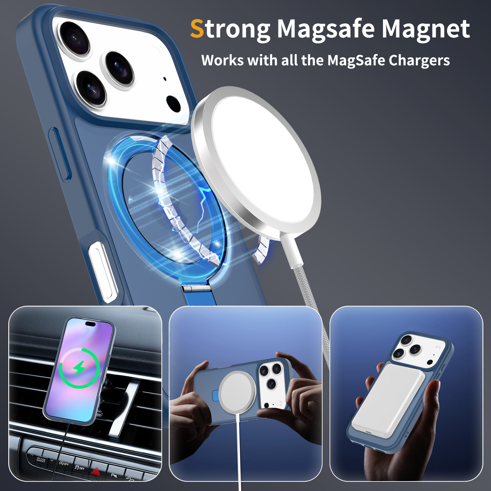 iPhone 17 Pro Magnetic hybriddeksel med stativfunksjon, Mørke blå