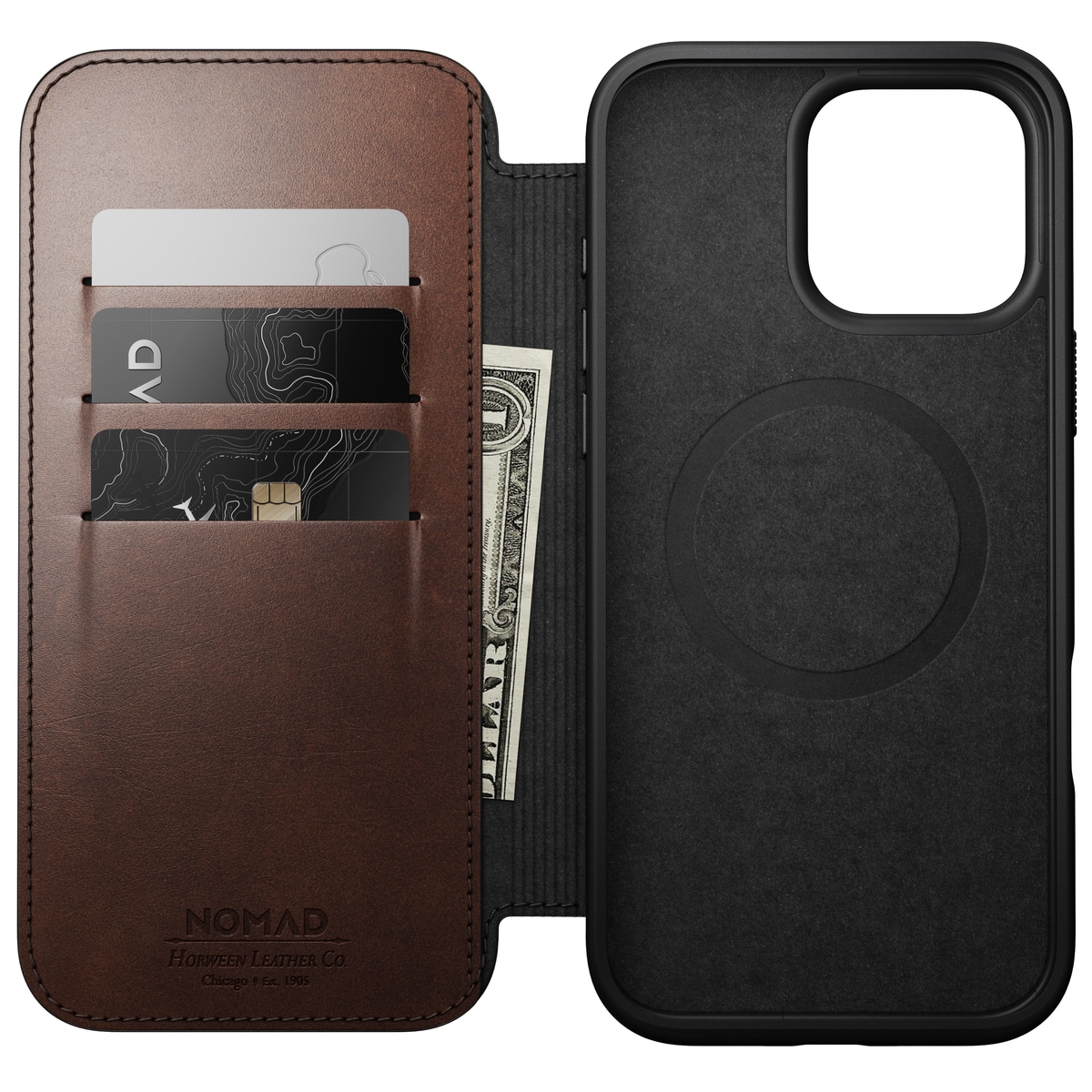 iPhone 16 Pro Max Skinnetui MagSafe - Modern Horween Leather Folio Rustic Brown