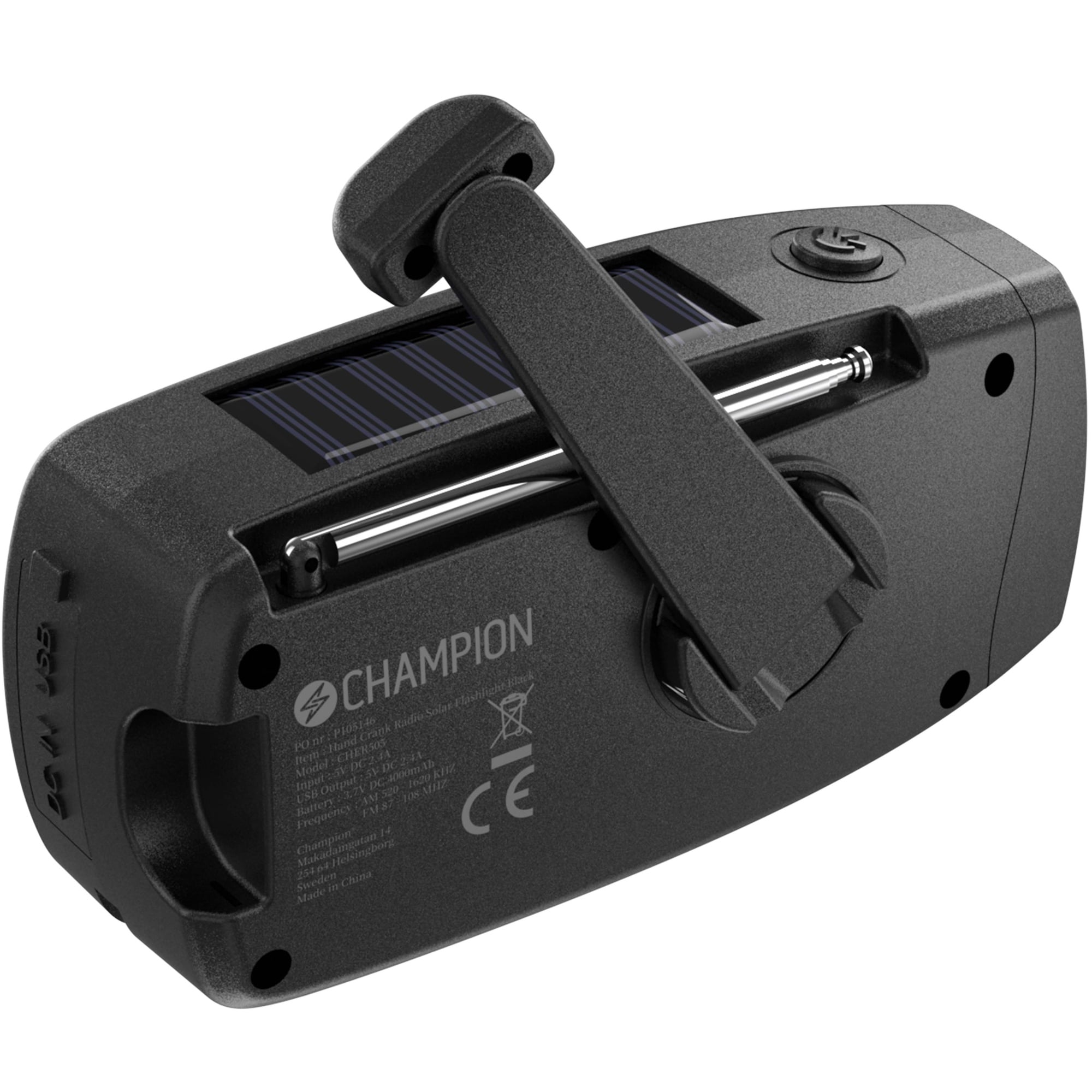 Vevradio med lommelykt og solcellelading, 