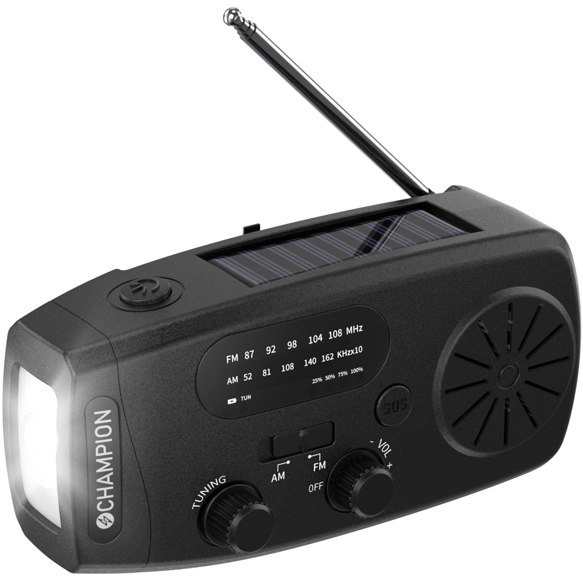 Vevradio med lommelykt og solcellelading, 