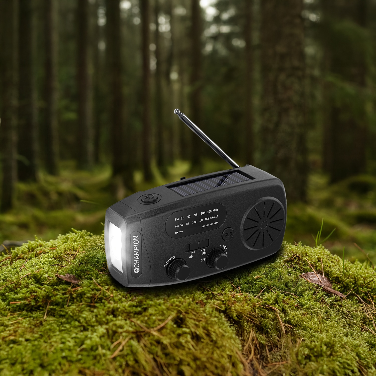 Vevradio med lommelykt og solcellelading, 