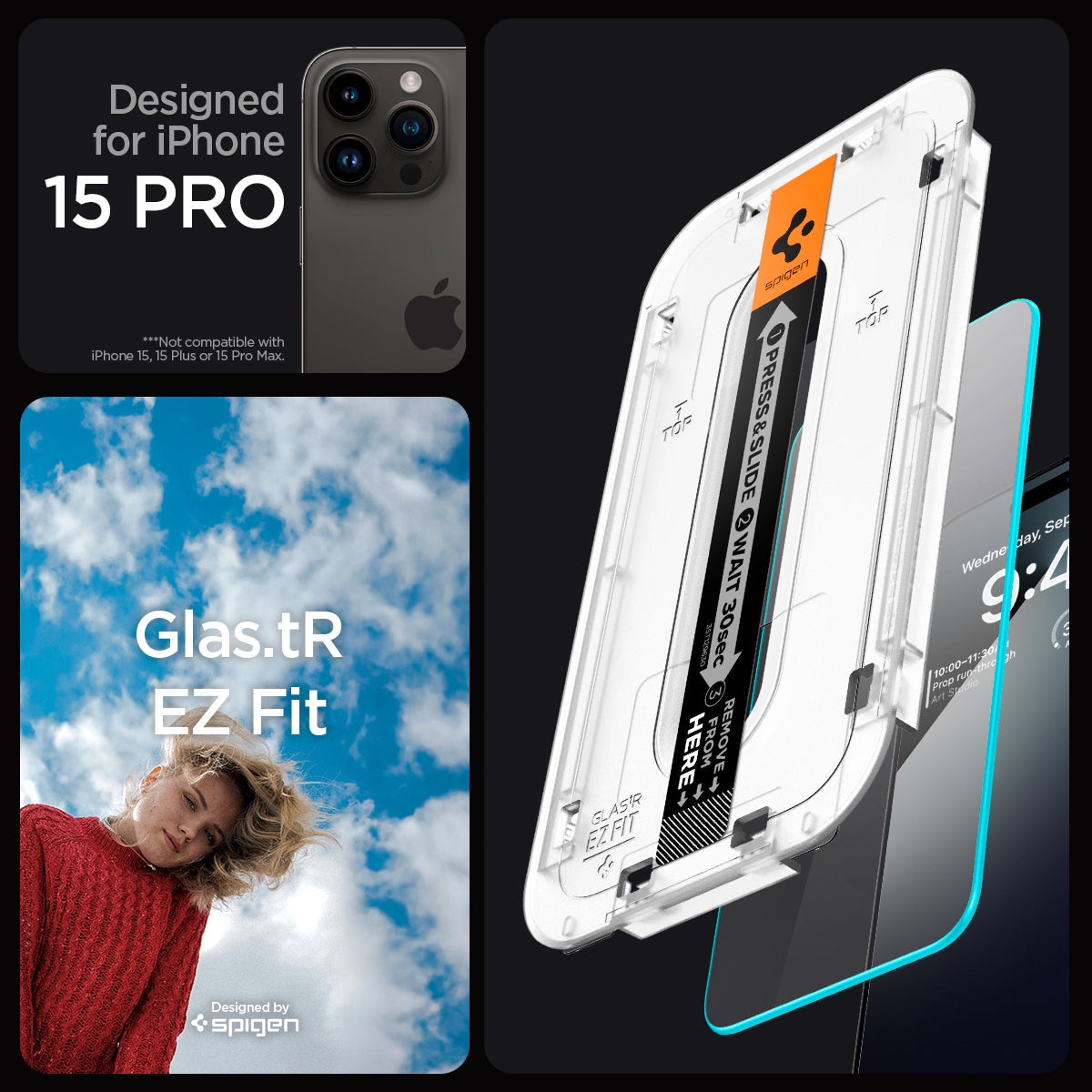 iPhone 15 Pro Skjermbeskytter med monteringsramme (2-pack) GLAS.tR EZ Fit