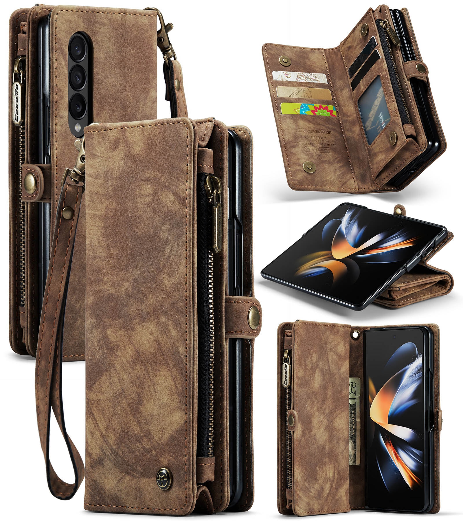 Samsung Galaxy Z Fold 4 Romslig lommeboketui med mange kortlommer, Brun
