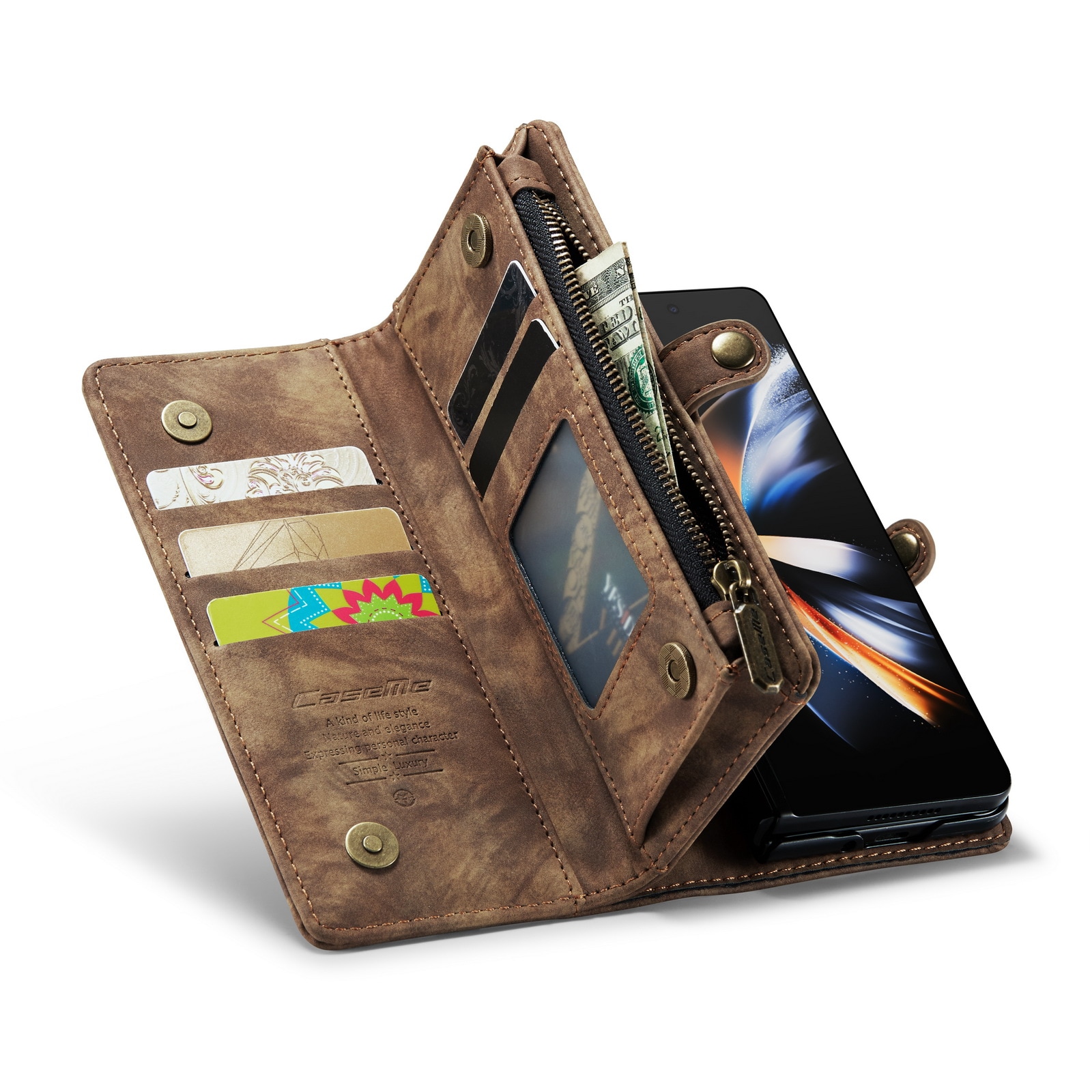 Samsung Galaxy Z Fold 4 Romslig lommeboketui med mange kortlommer, Brun