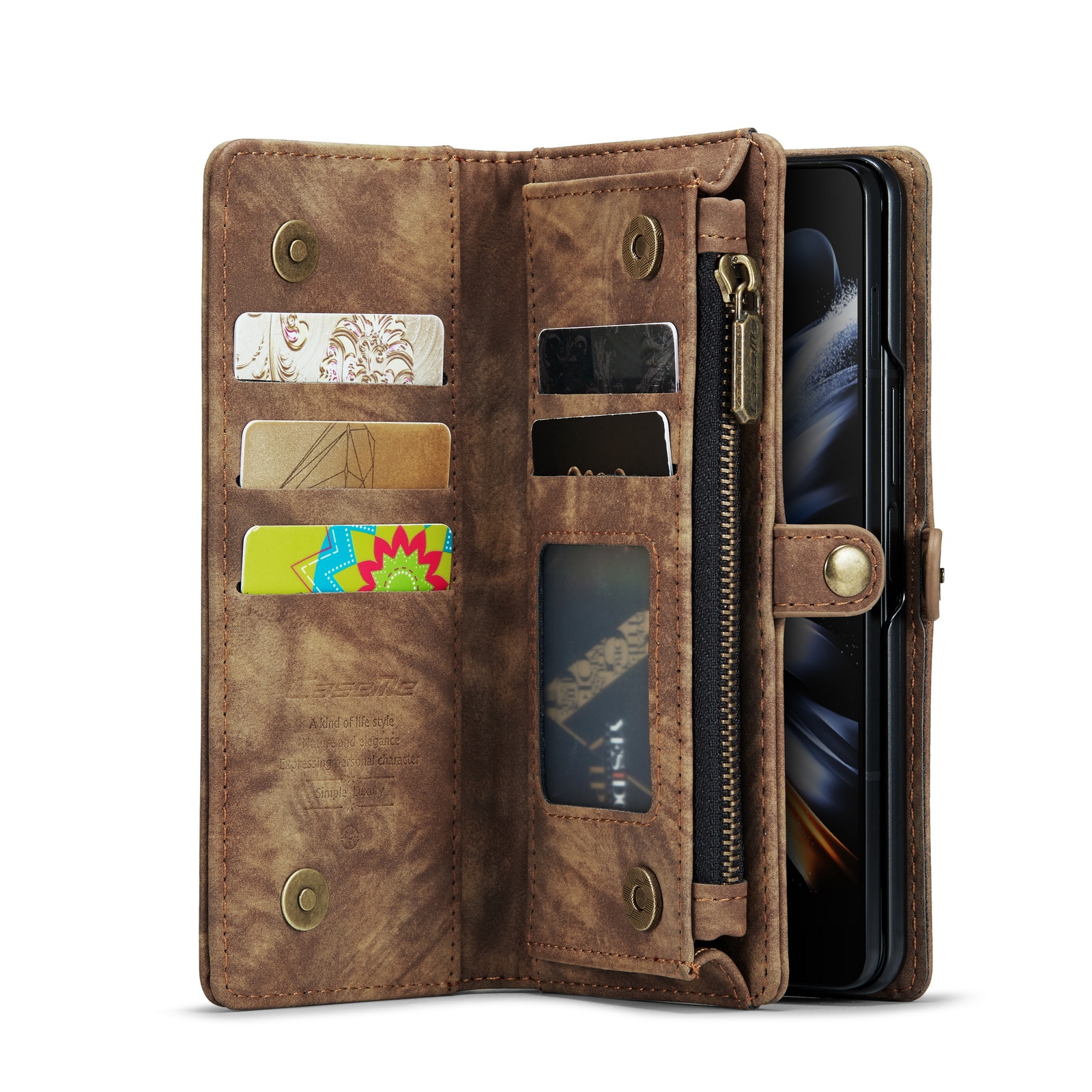 Samsung Galaxy Z Fold 4 Romslig lommeboketui med mange kortlommer, Brun