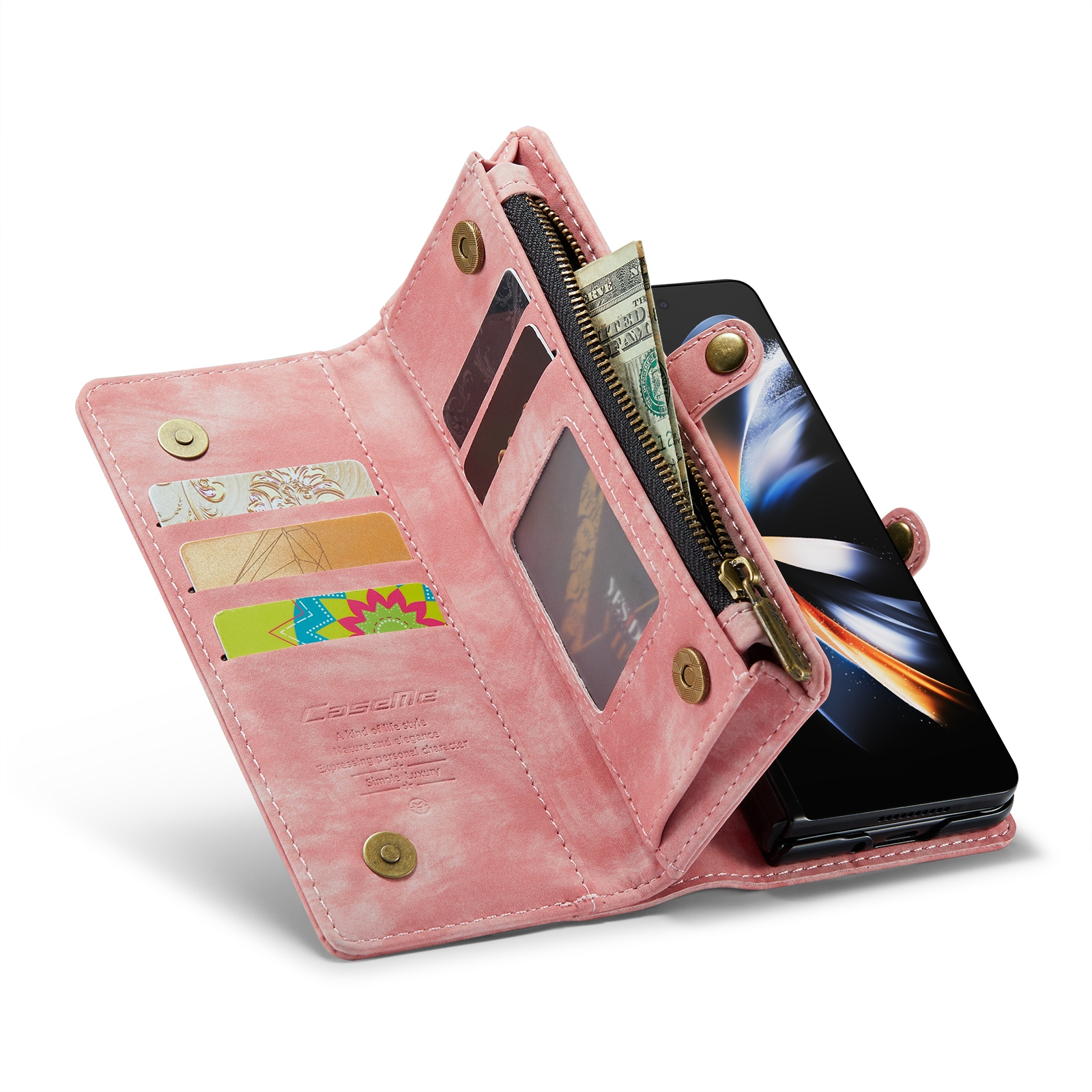 Samsung Galaxy Z Fold 5 Romslig lommeboketui med mange kortlommer, Rosa