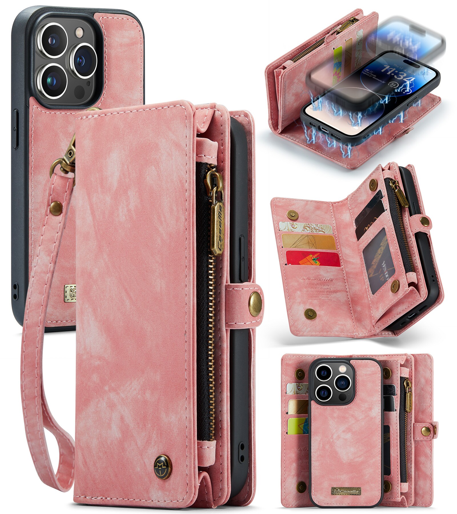 iPhone 14 Pro Romslig lommeboketui med mange kortlommer, Rosa