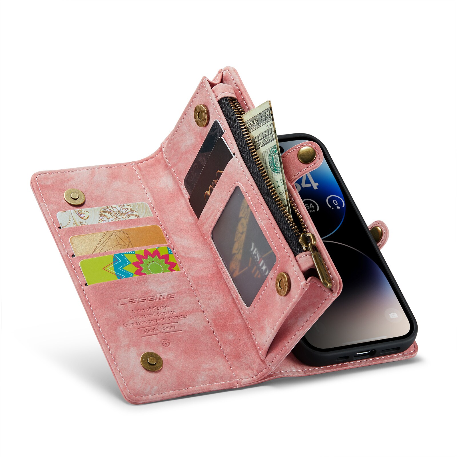iPhone 14 Pro Romslig lommeboketui med mange kortlommer, Rosa