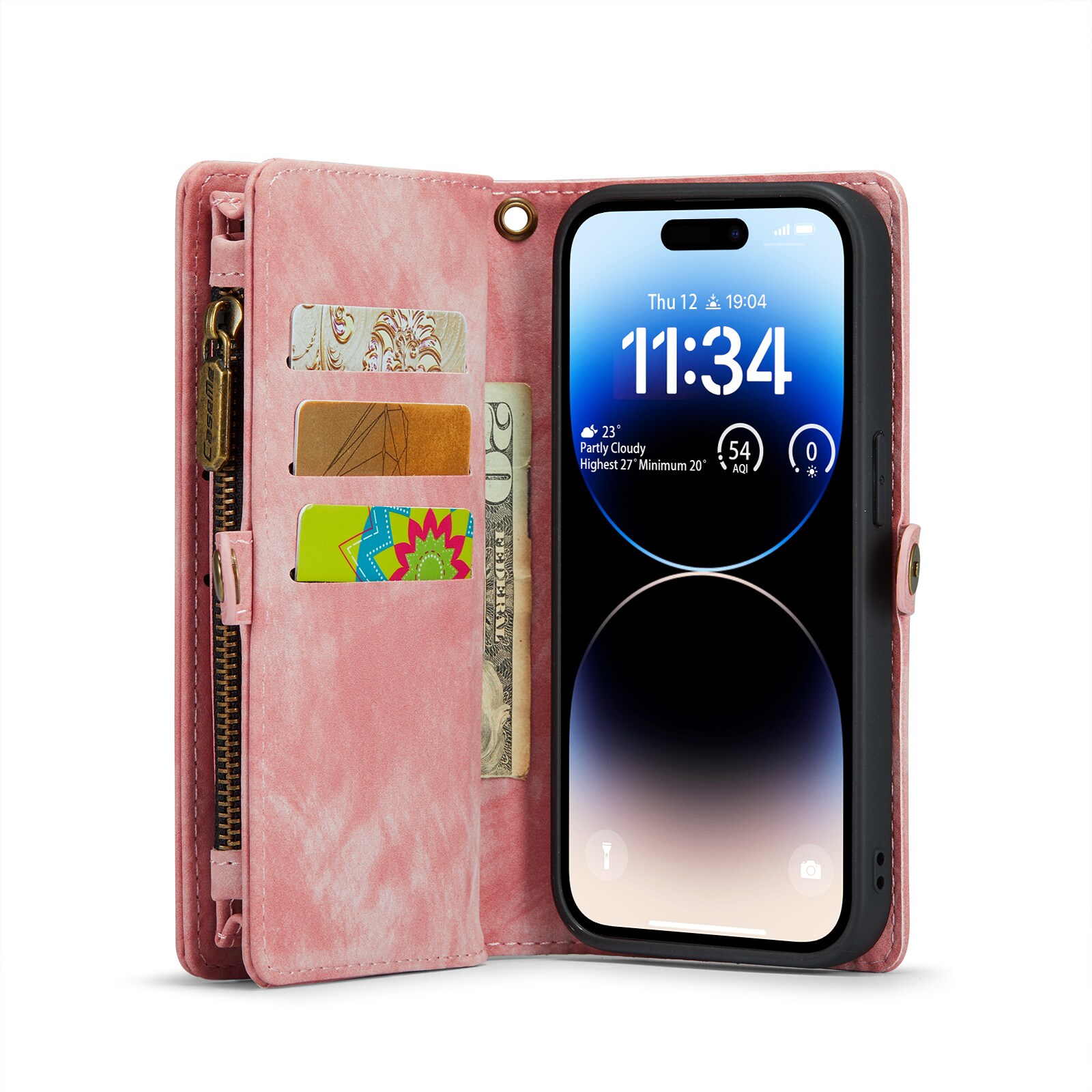 iPhone 14 Pro Romslig lommeboketui med mange kortlommer, Rosa