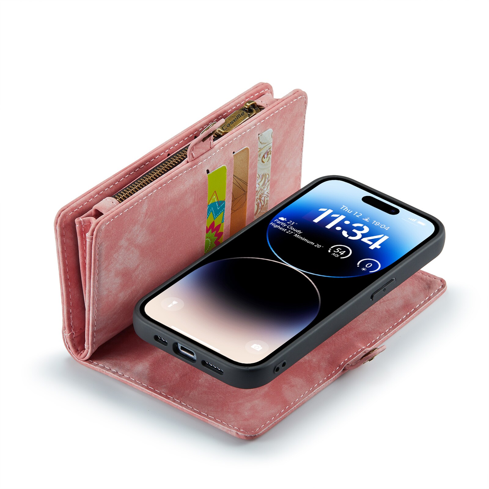 iPhone 14 Pro Romslig lommeboketui med mange kortlommer, Rosa