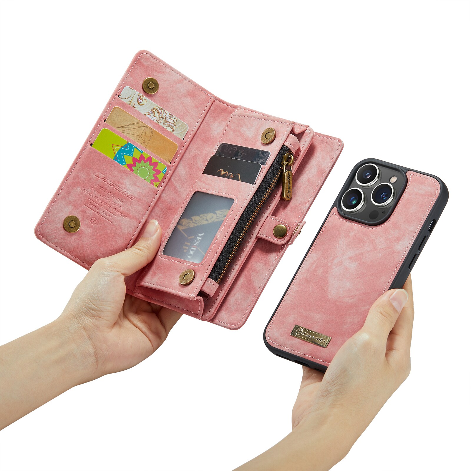 iPhone 14 Pro Romslig lommeboketui med mange kortlommer, Rosa