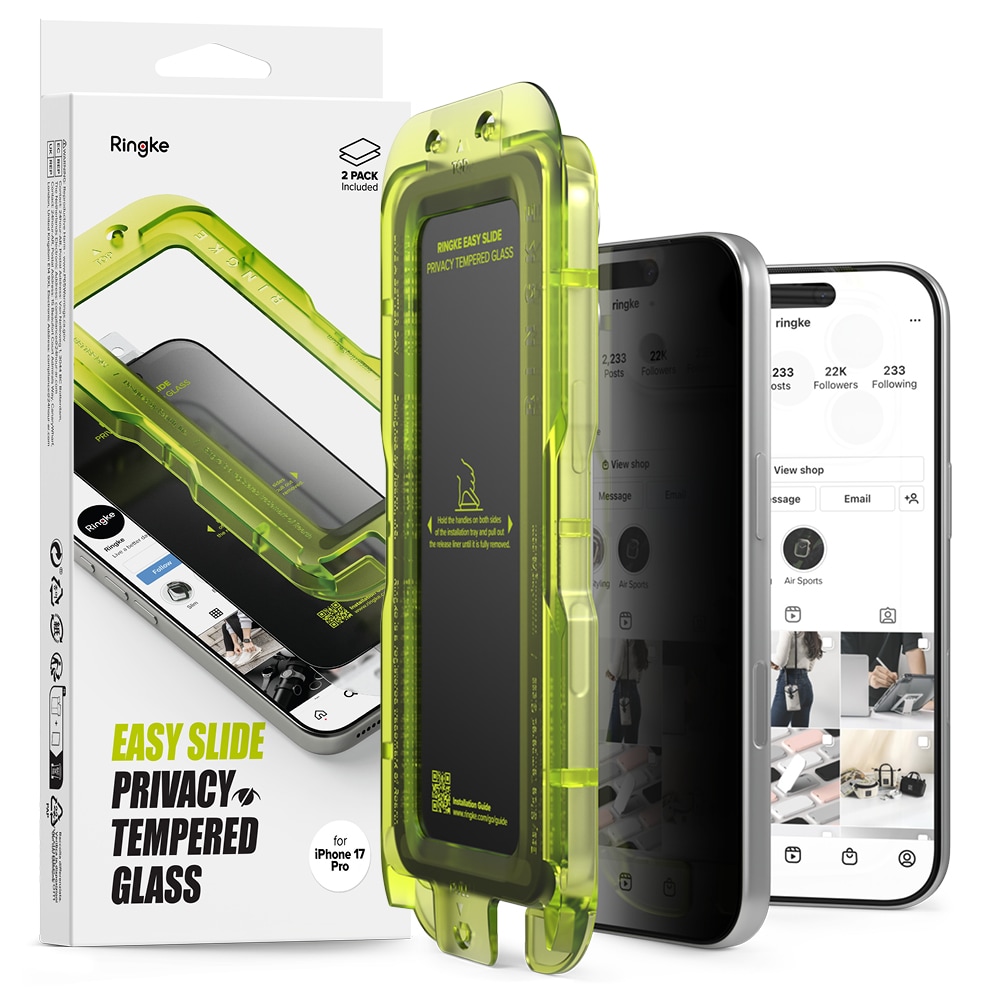 iPhone 17 Pro Max Anti-spy Skjermbeskytter i glass med monteringsram (2-pack)