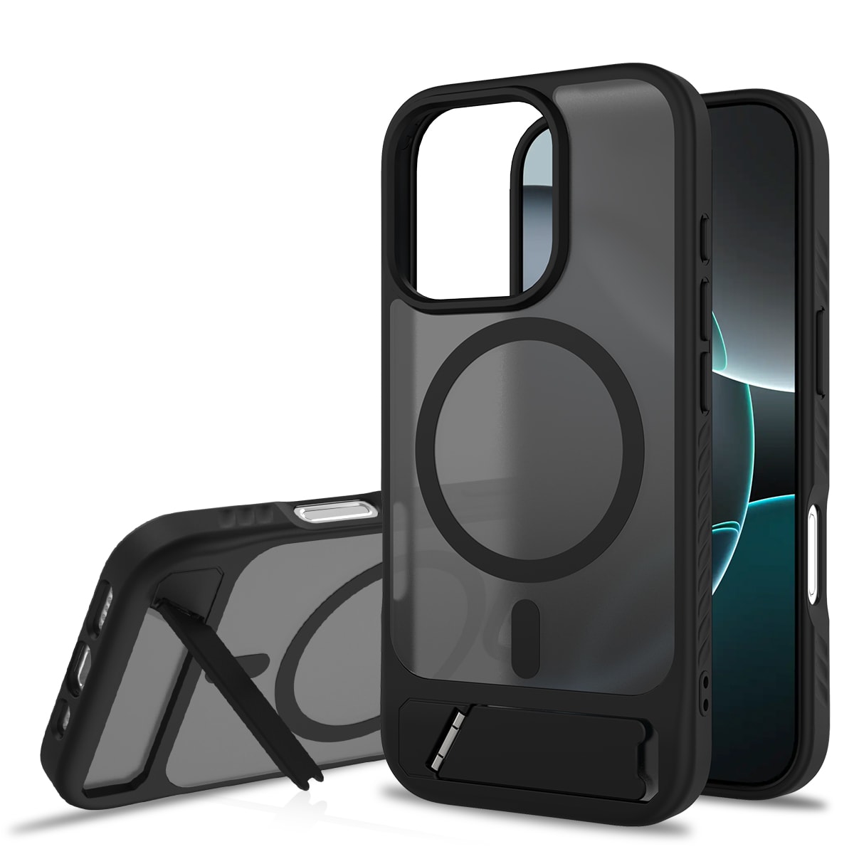 iPhone 16 Pro Magnetisk hybriddeksel med innebygd stativ, Svart