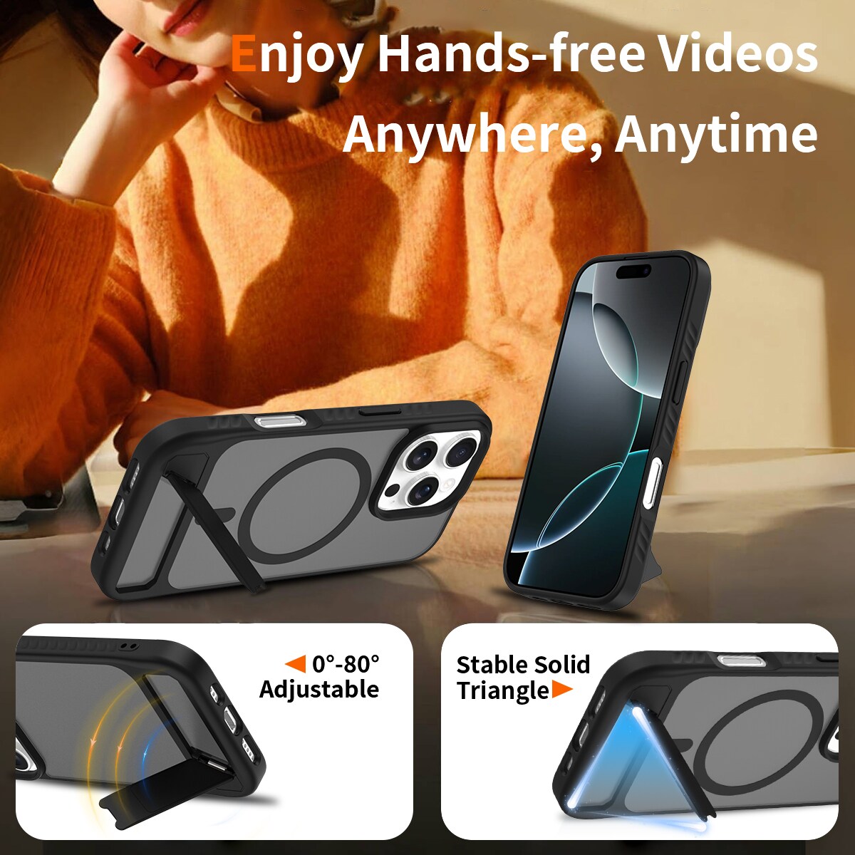 iPhone 16 Pro Magnetisk hybriddeksel med innebygd stativ, Svart