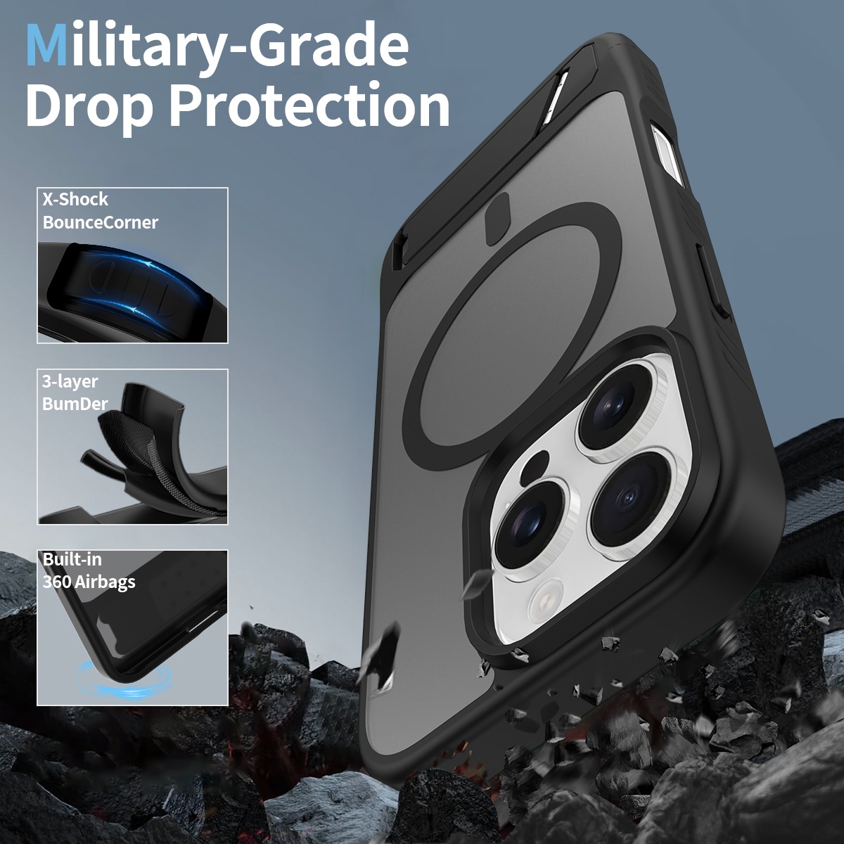iPhone 16 Pro Magnetisk hybriddeksel med innebygd stativ, Svart