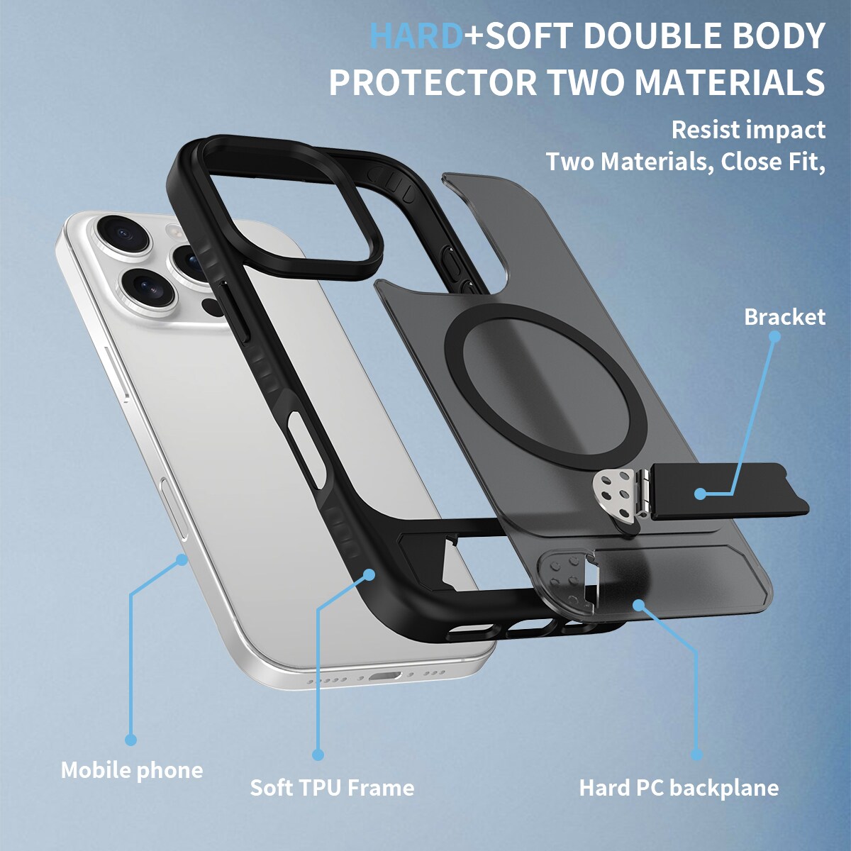iPhone 16 Pro Magnetisk hybriddeksel med innebygd stativ, Svart