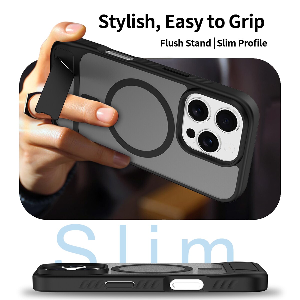 iPhone 16 Pro Magnetisk hybriddeksel med innebygd stativ, Svart