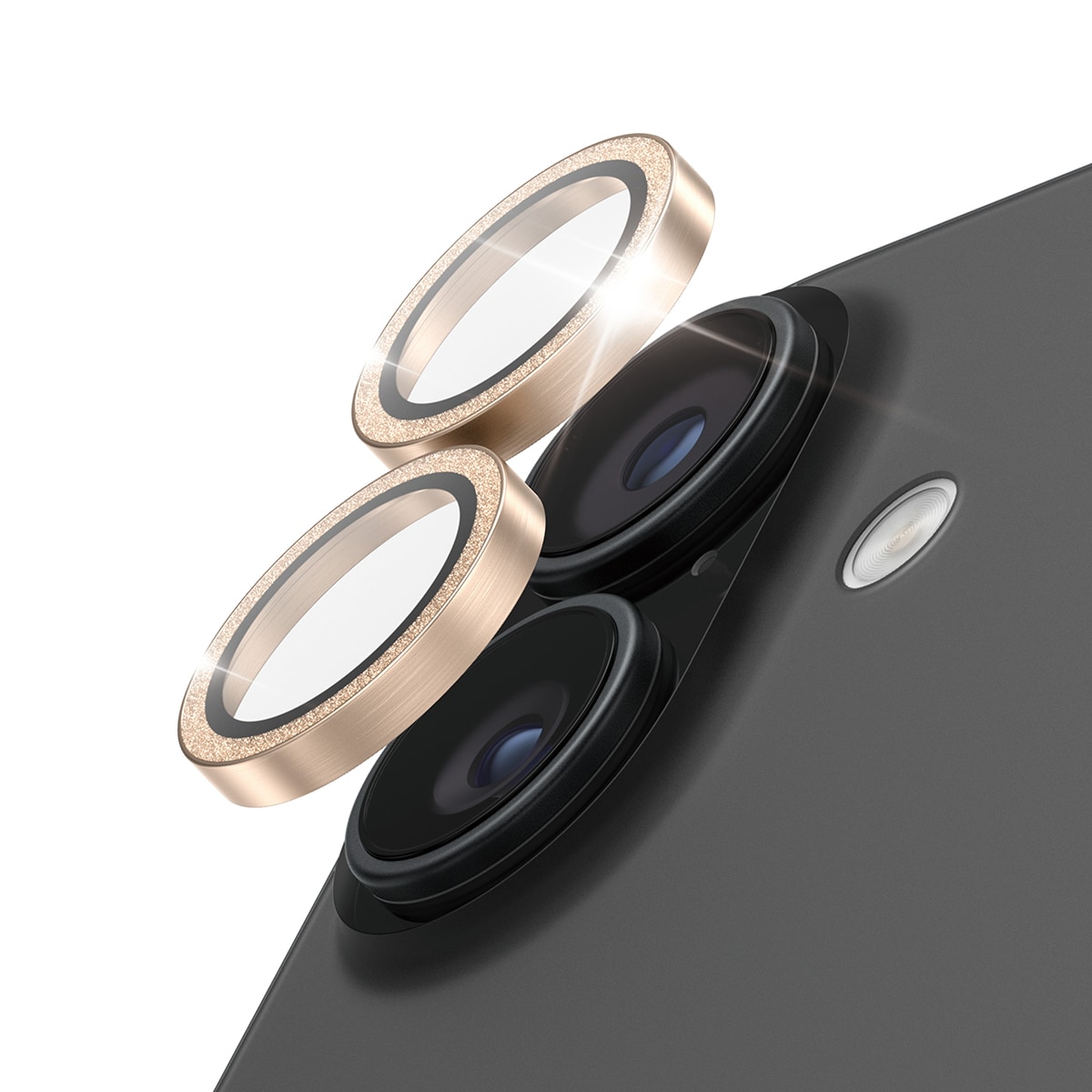 iPhone 17 Hoops linsebeskyttelse med aluminiumsramme, Glitter Gold