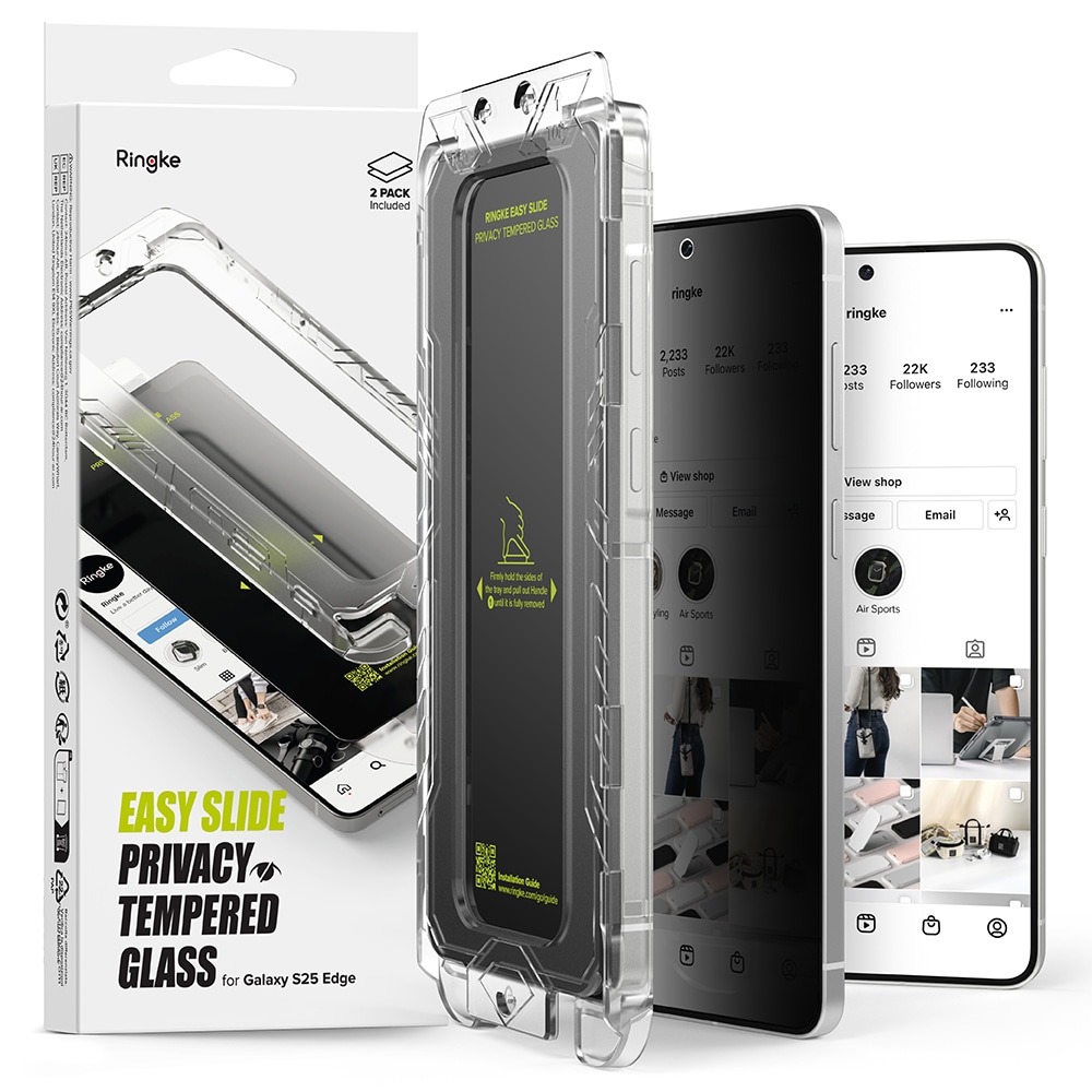 Samsung Galaxy S25 Edge Anti-spy Skjermbeskytter i glass med monteringsram (2-pack)