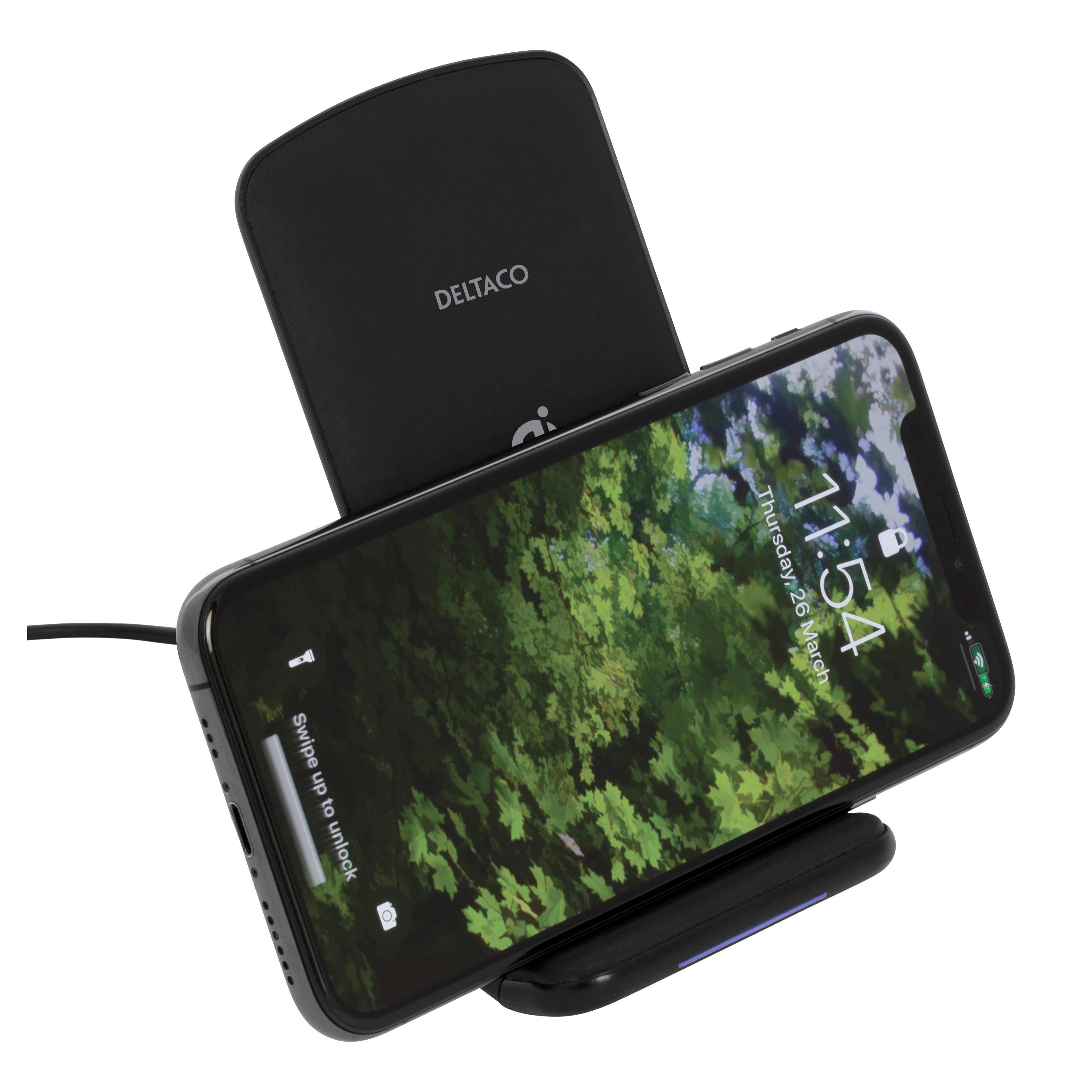 Trådløs 10W Qi-lader med stativ, svart