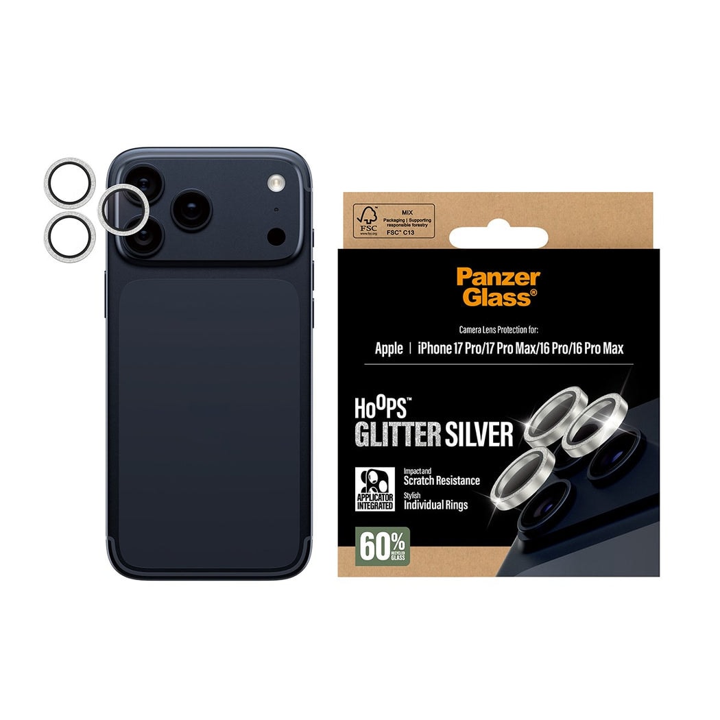 iPhone 16 Pro Hoops linsebeskyttelse med aluminiumsramme, Glitter Silver