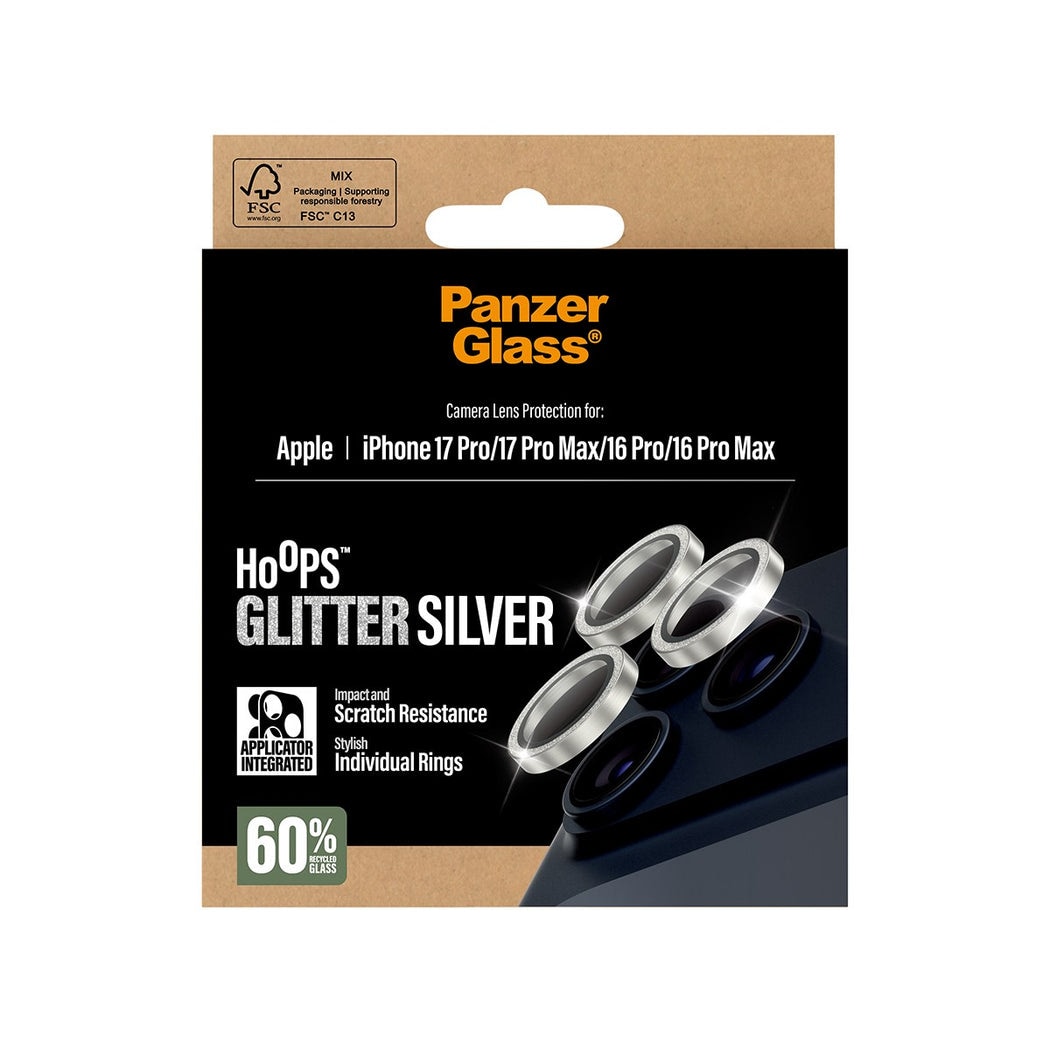 iPhone 16 Pro Hoops linsebeskyttelse med aluminiumsramme, Glitter Silver