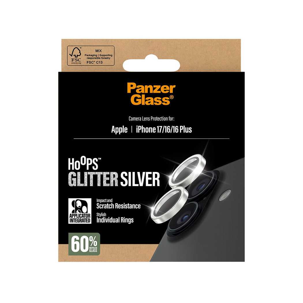 iPhone 17 Hoops linsebeskyttelse med aluminiumsramme, Glitter Silver