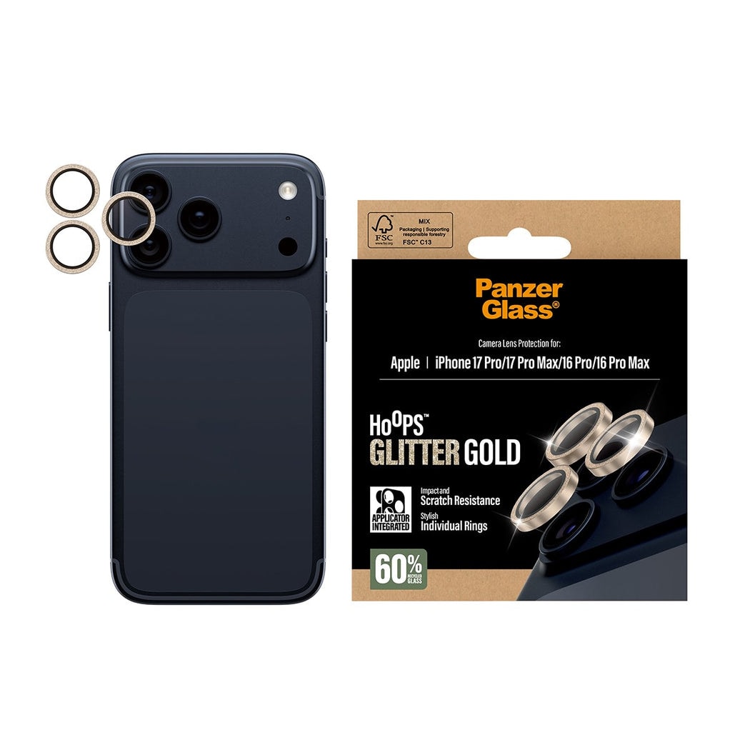 iPhone 16 Pro Max Hoops linsebeskyttelse med aluminiumsramme, Glitter Gold