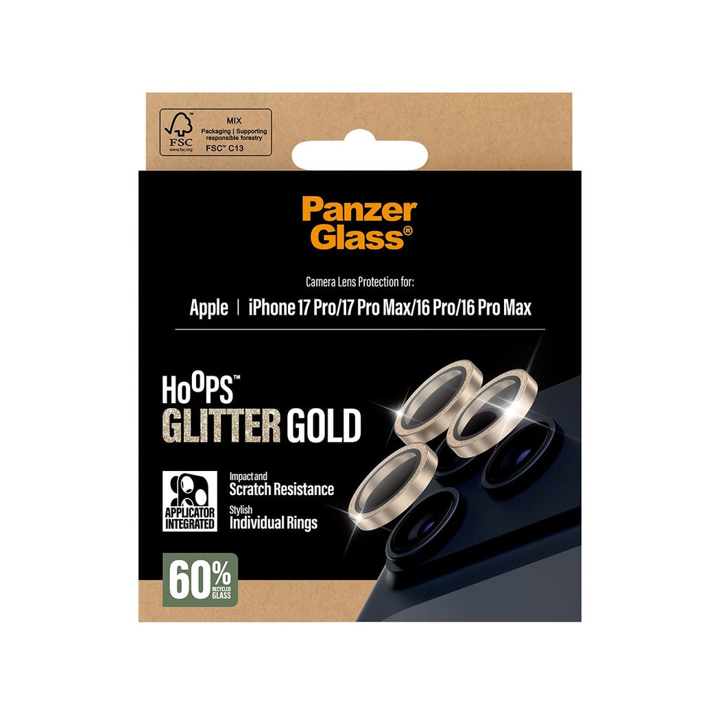iPhone 16 Pro Max Hoops linsebeskyttelse med aluminiumsramme, Glitter Gold