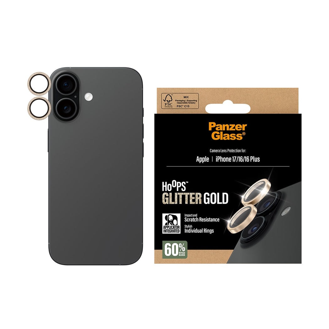 iPhone 16 Hoops linsebeskyttelse med aluminiumsramme, Glitter Gold