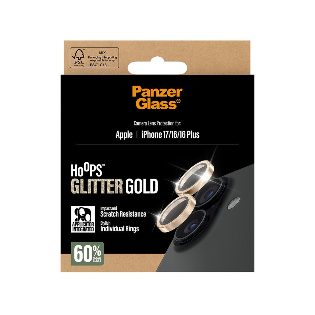 iPhone 16 Hoops linsebeskyttelse med aluminiumsramme, Glitter Gold