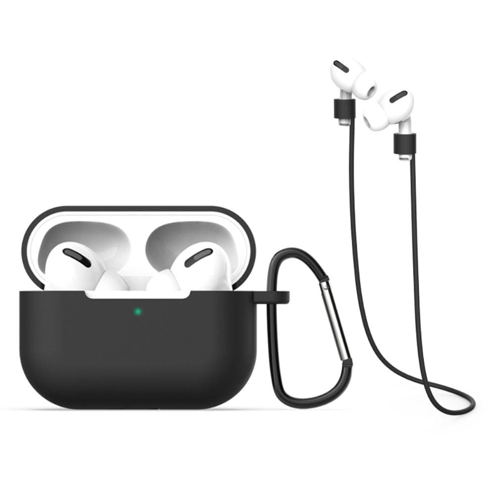 Apple AirPods Pro Silikondeksel med hodetelefonbånd og karabinkrok, Svart