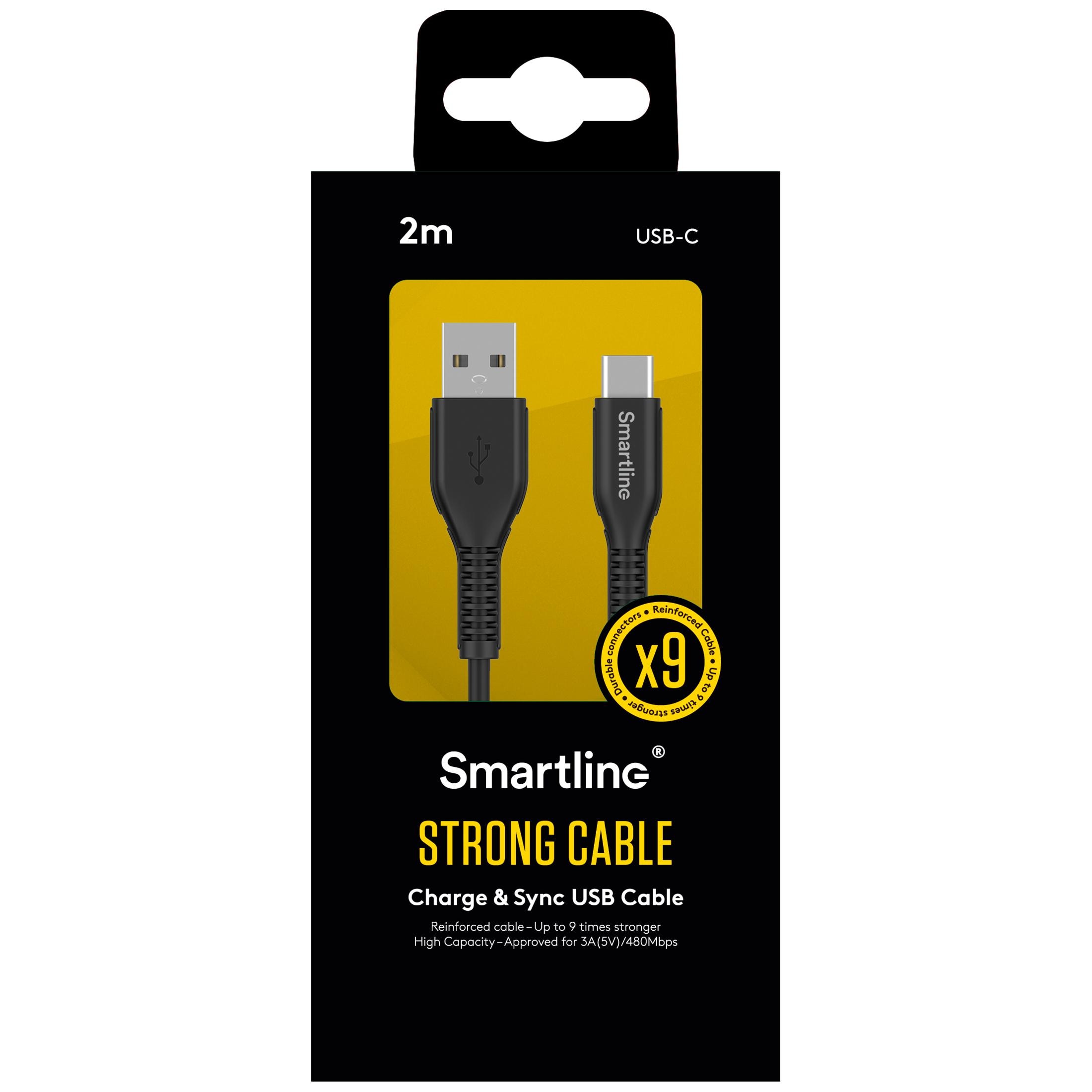 Slitesterk ladekabel 2m USB-A til USB-C, Svart